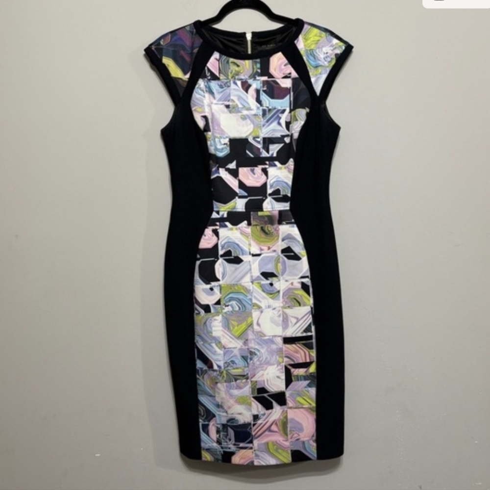 Ted Baker Black Midi Dress w/Pastel Mosaic Panel